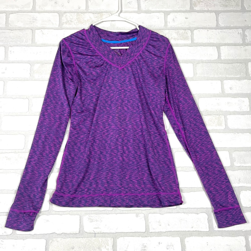 Cuddl Duds Flex Fit Purple Space Dye V-Neck Long Sleeve Top with Thumbholes M